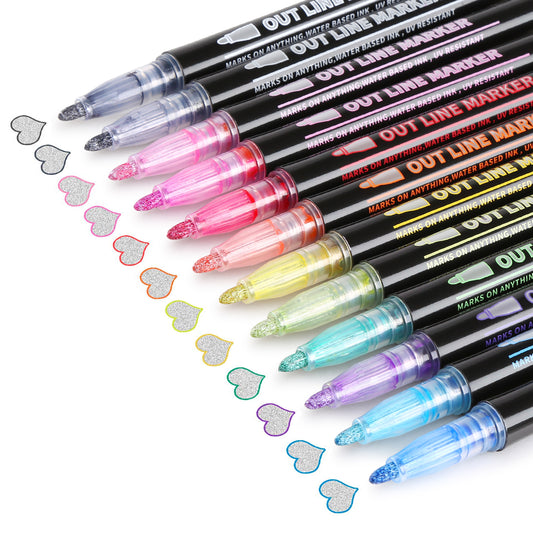 Outline Metallic Marker Pens,12 Colors Double Line Outline Pens, Self-Outline Metallic Markers, Perfect for Birthday Greeting, Drawing, Scrapbooks, Posters, Rock Paintings, DIY Art Crafts