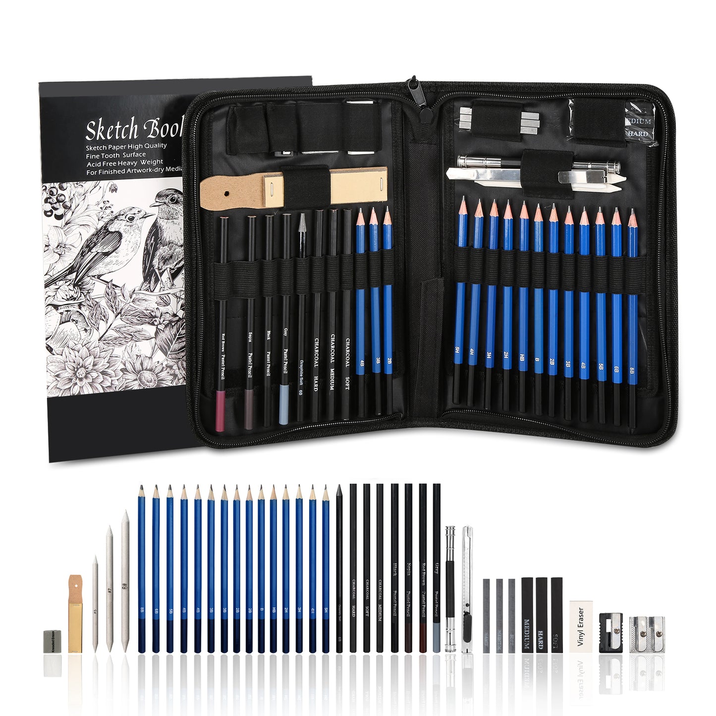 Drawing Kit (41-Piece Set) Including Pencils, Pastel Pencils, Erasers,  Knife, Pencil Extender, Sharpener, Sketch Book(50 Sheets) & Carry Case –  Limousus