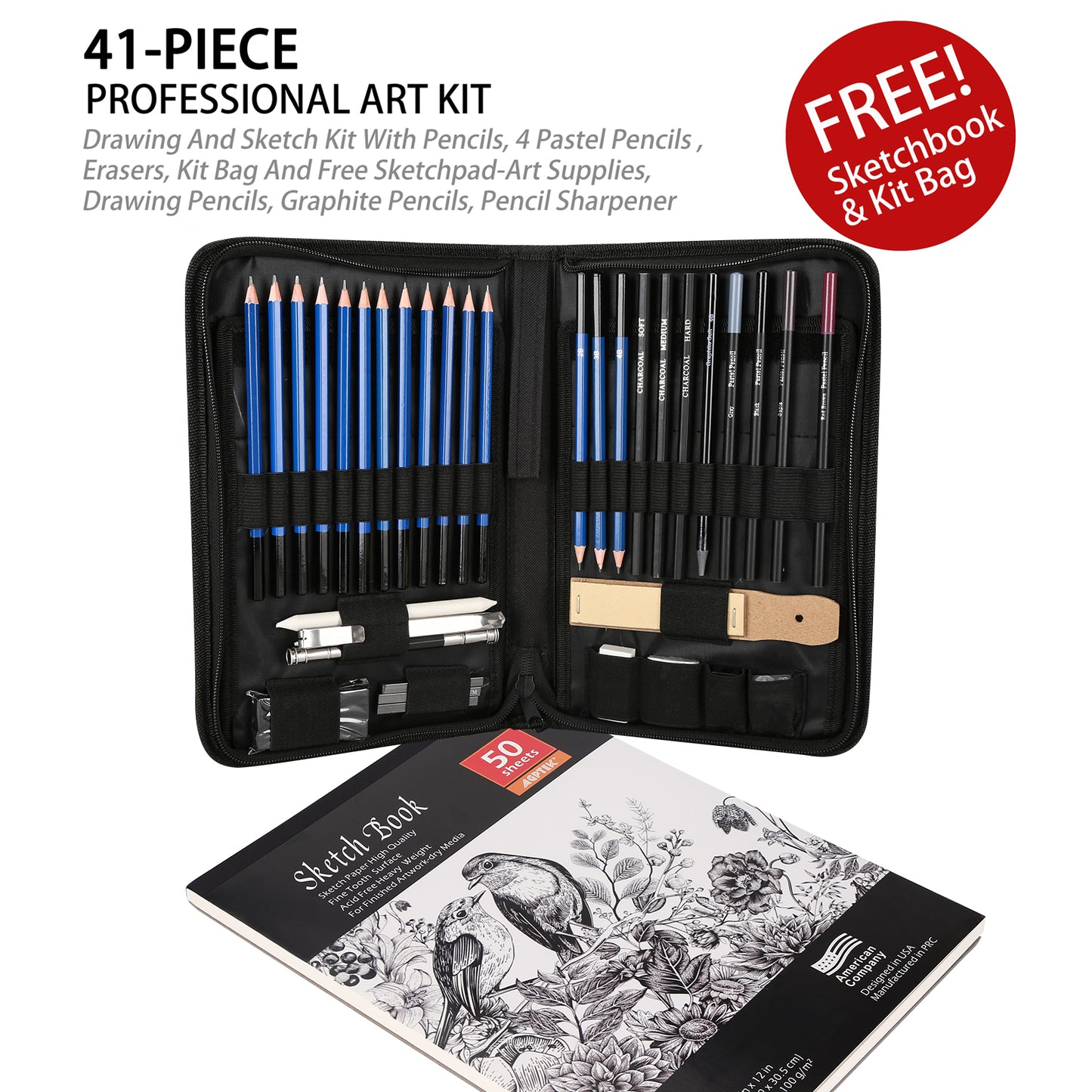 Drawing Set for Kids Ages 8-12 - Drawing Kit with 41pcs of  Drawing Supplies for Kids, Teens, and Adults - Sketchbook 9”x12” 100 Pages  and Portable Drawing Pencil Case Case