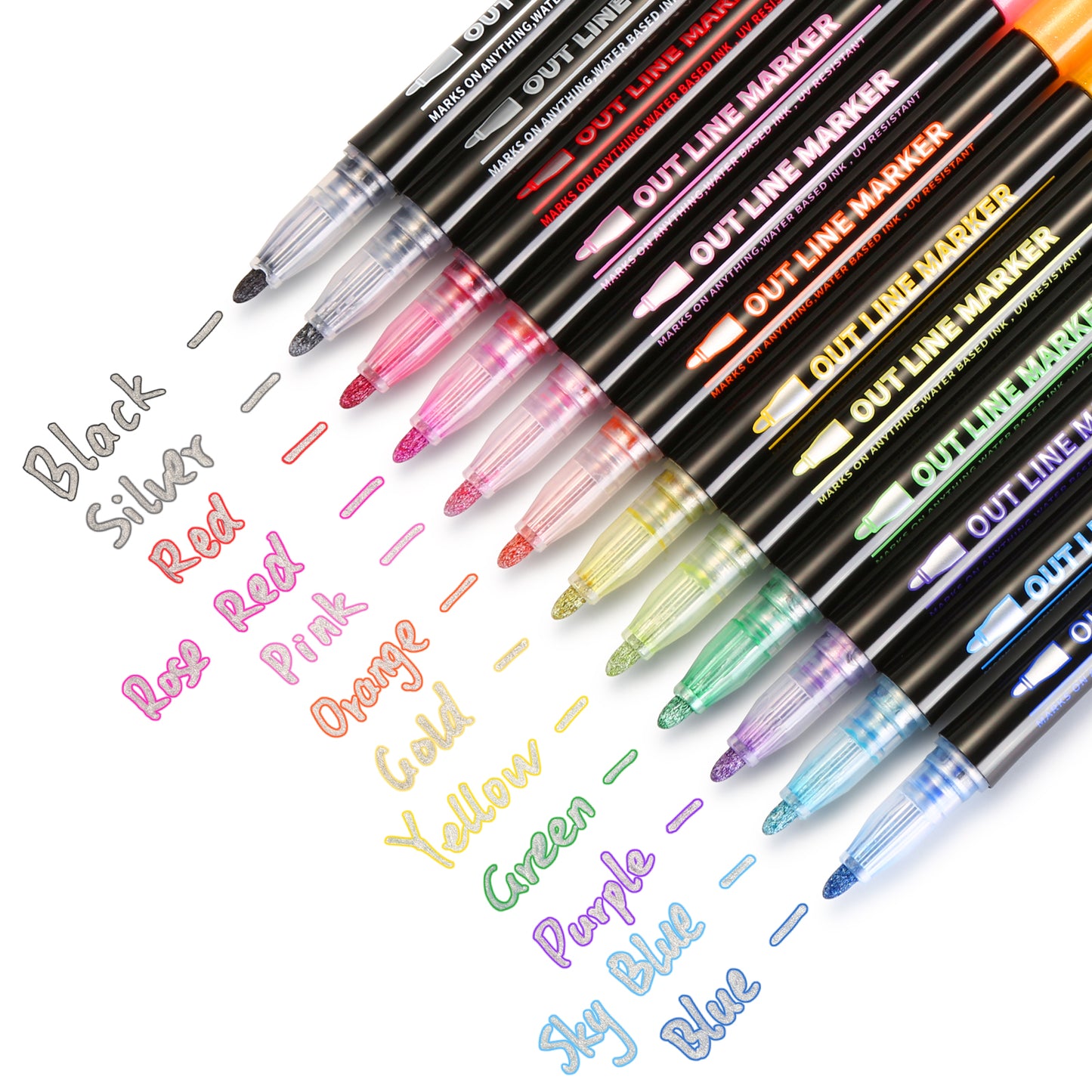Outline Metallic Marker Pens,12 Colors Double Line Outline Pens, Self-Outline Metallic Markers, Perfect for Birthday Greeting, Drawing, Scrapbooks, Posters, Rock Paintings, DIY Art Crafts