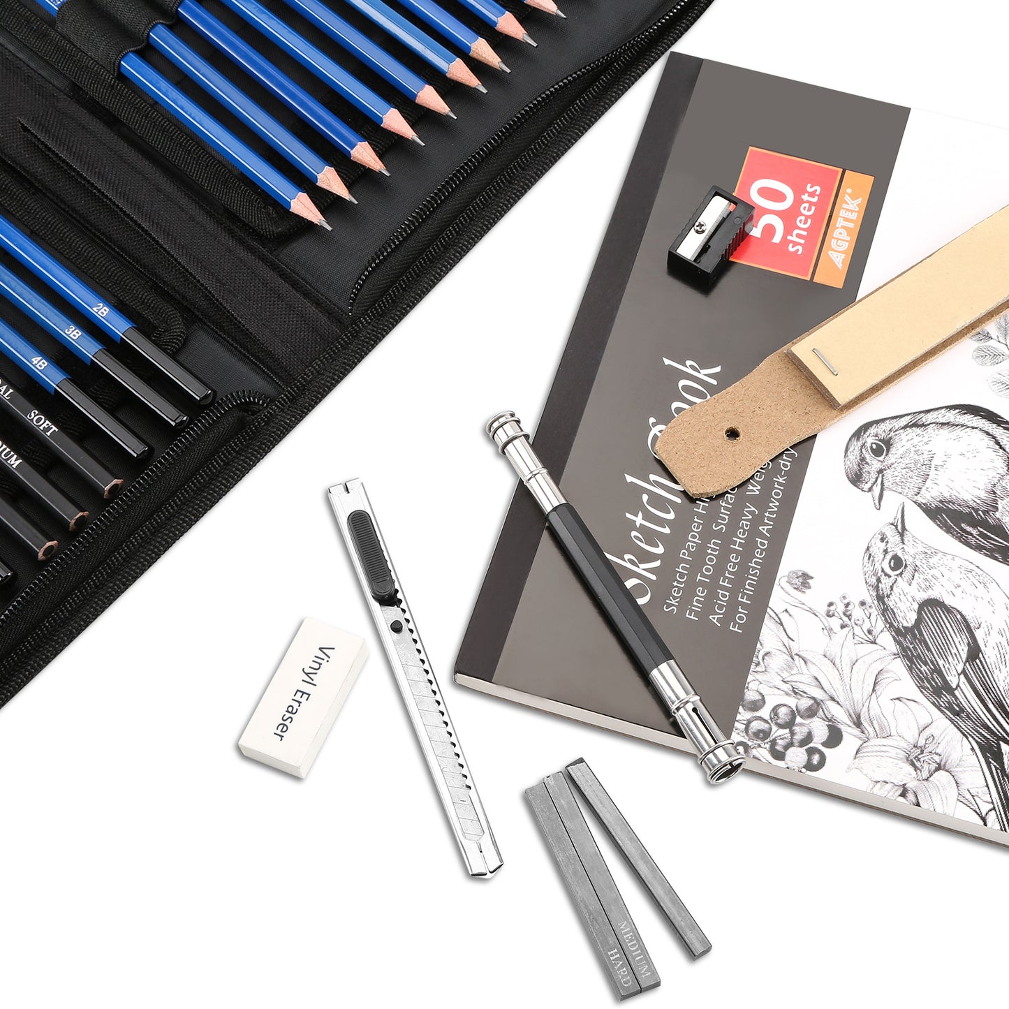 Drawing Kit (41-Piece Set) Including Pencils, Pastel Pencils, Erasers, Knife, Pencil Extender, Sharpener, Sketch Book(50 Sheets) & Carry Case for Teens Kids Adults