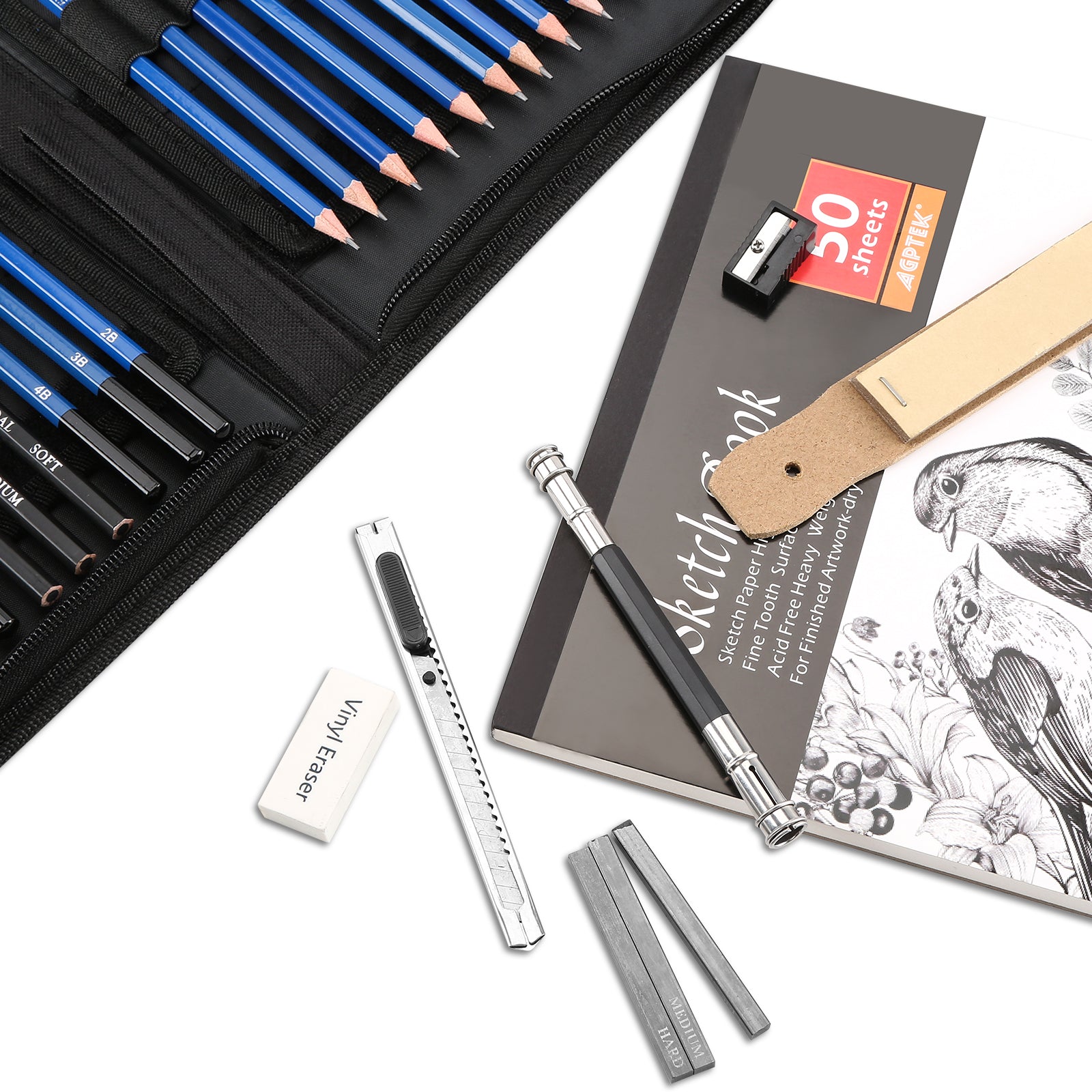 Typecho Sketching Drawing Pencil Set,41pcs Professional Charcoal Pencils  Artist Kit with Sketch Book,Art Set Supplies for Teens,Kids
