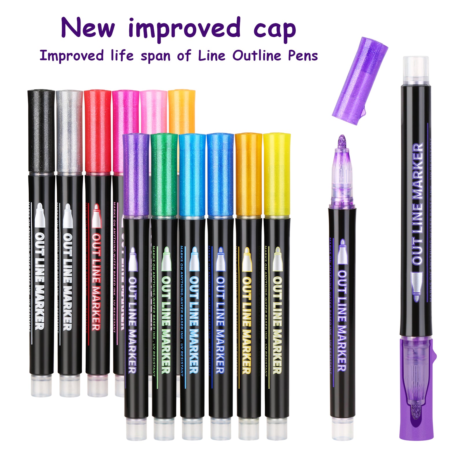 Outline Metallic Marker Pens, 12 Colors Double Line Paint Permanent Marker Pens, Office Supplies, 12 Color/Set