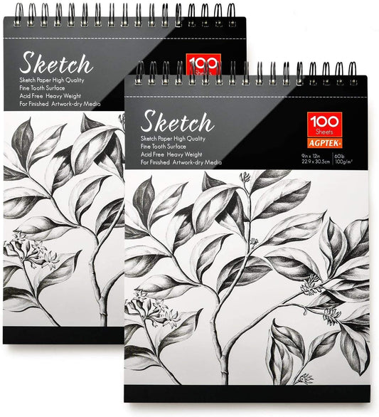 Sketch Book, Art Drawing Pad 9 X 12, 100 Sheets, 60lb/100g, 2 Pack