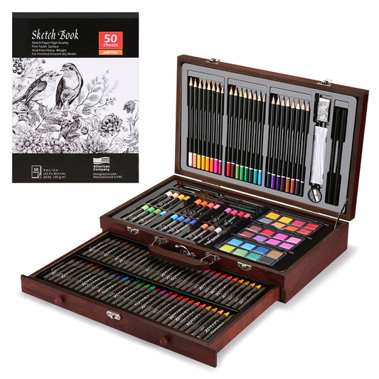 Art Set, 141 Pieces Deluxe Art Set, Wooden Painting Case & Art Supplies Kit with Crayons, Colored Pencils, Sketch Pencils, Paint Brushes, Sharpener and Eraser