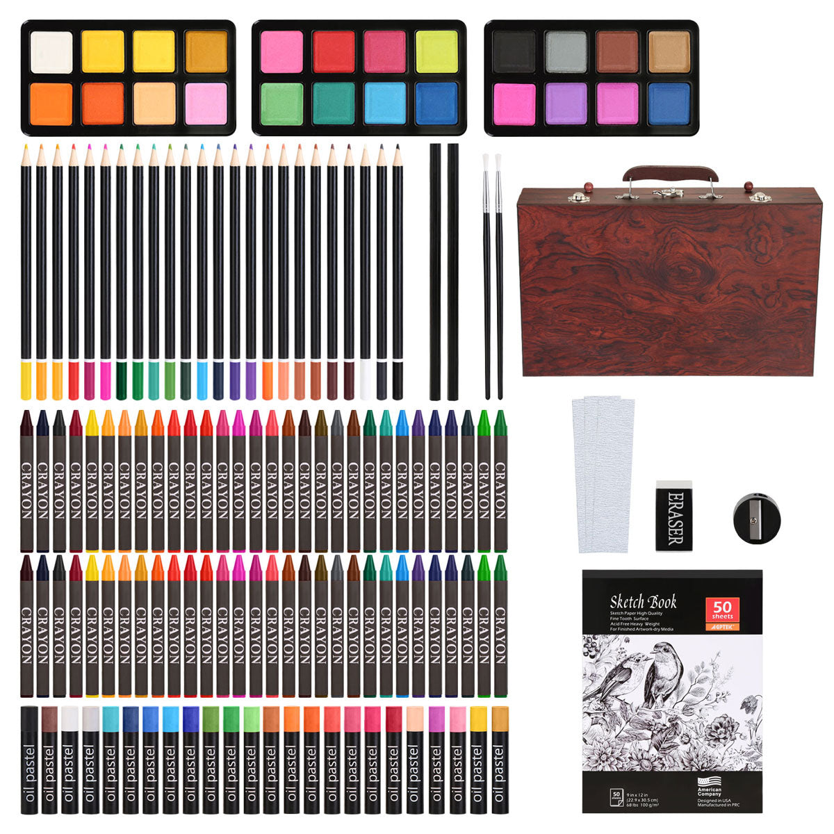 Artistik Deluxe Art Set - 141 Piece Professional Painting, Sketching & Drawing Art Set, with Wood Art Storage Box and Bonus A5 Sketchpad